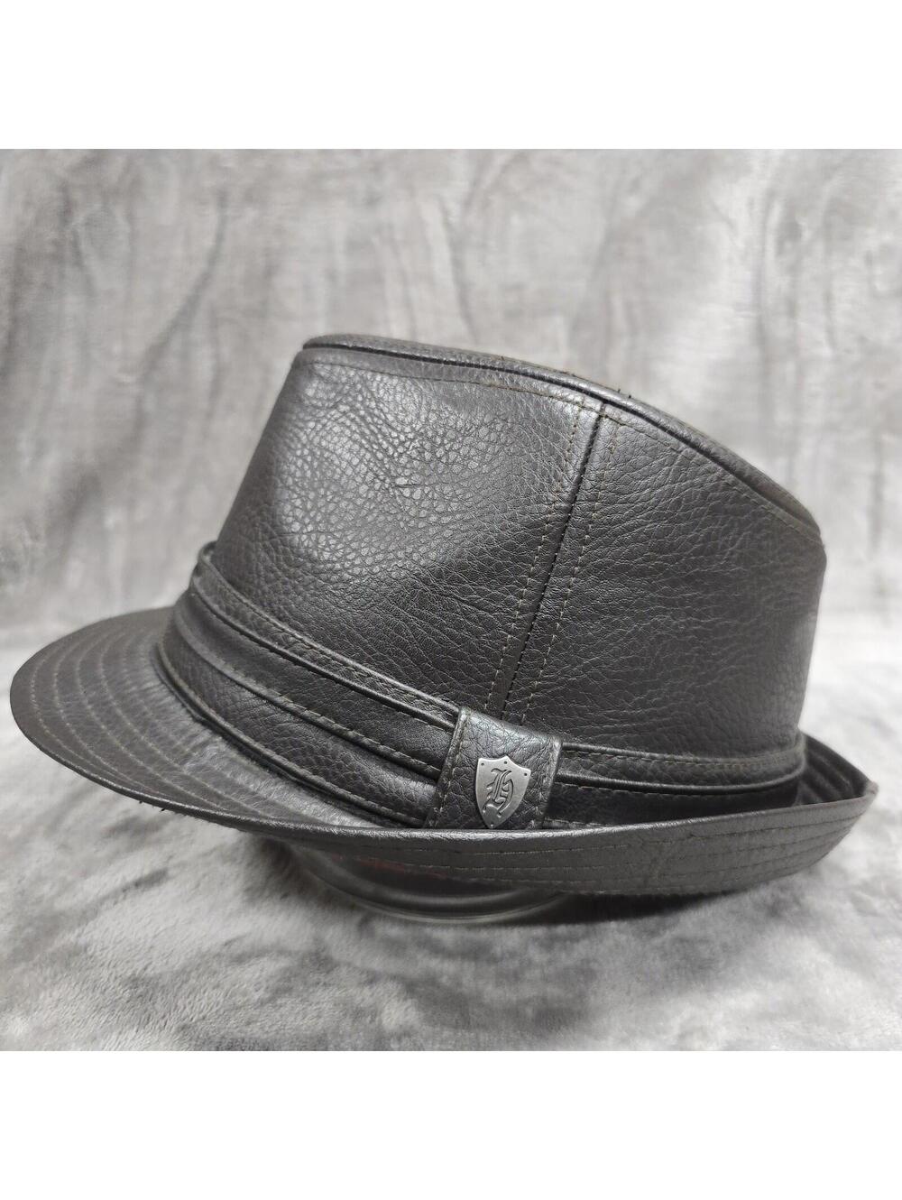 DPC Dorfman Pacific Faux Leather Fedora Hat XL Brown Shield Emblem Trilby Mens